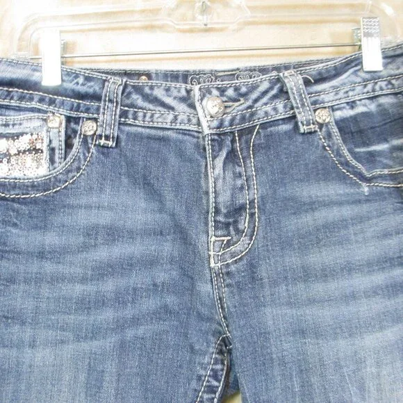 MISS ME Women's Denim Crystals Rhinestone Low Rise Cuffed Capri Blue Jeans 32 - Picture 3 of 9